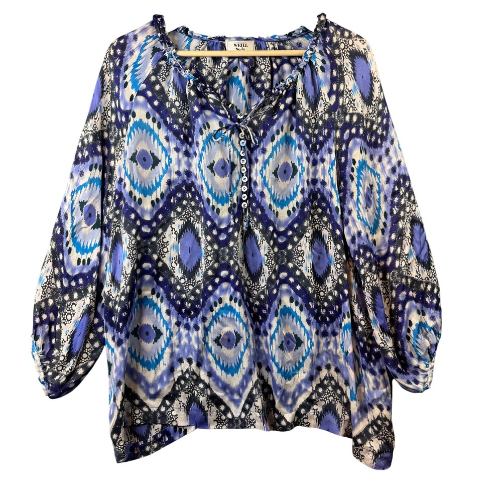 Weill Blue Purple Ikat Silk Peasant Blouse Ruffle Tie Neck Balloon Sleeve Sz M